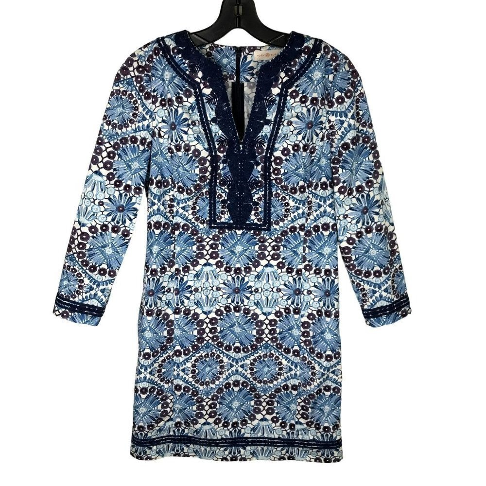 Tory Burch Blue Floral Cotton Shift Dress, size 0